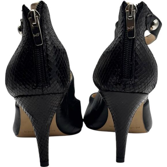 Marc Fisher Black Pointed Toe Heels Strappy Zip Back Stiletto Snake Embossed 8M - Picture 3 of 16